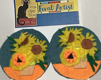 Sunflowers, Van Gogh Felt Dangle Earrings, Gift for Women, Funny, Halloween