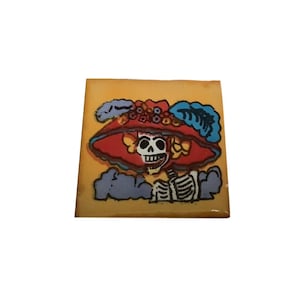 Day of the Dead Mexican Talavera Tiles 2&quot; X 2&quot;, Folk Art Dia de los Muertos Tiny Tiles, Catrina