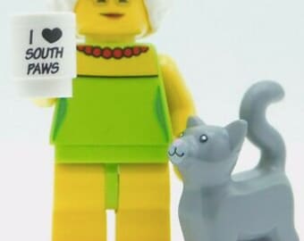 Yellow Cat Lady and Gray Cat,,Mini Figure Lego sculpture, Collectible, Play Therapy
