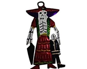 Calavera en fer-blanc peint à la main : Squelette d'art populaire mexicain