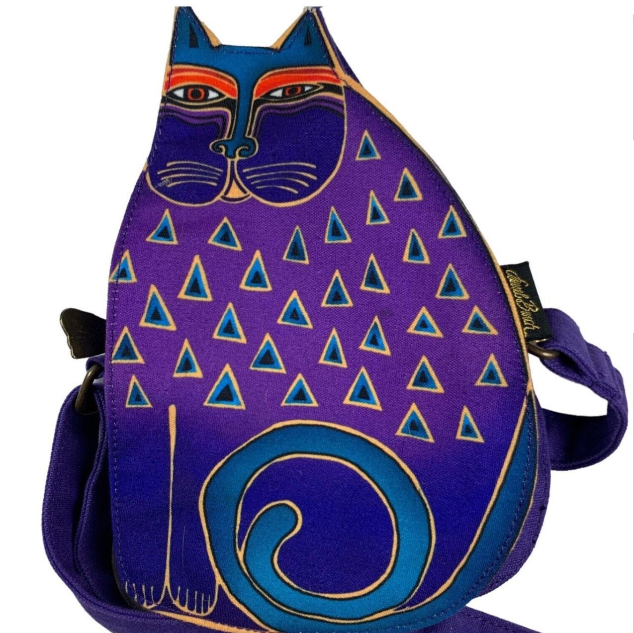 Laurel Burch Blue Cat Crossbody Purse: Canvas Makeup Bag, Signed