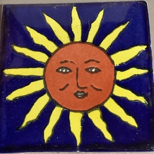 Handmade Talavera Tile Coaster: Mexican Sun Face Decor