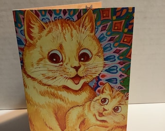 Carte vintage Louis Wain Art : Maman Chat et son chaton psychédéliques