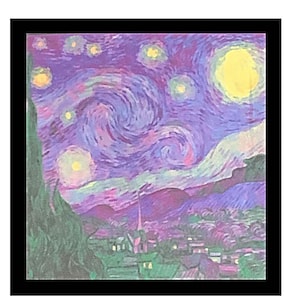 Van Gogh Starry Night Fabric Square: Cotton Quilt Patch, Purple Sky