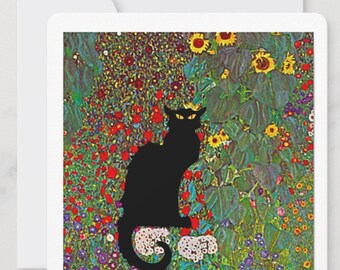 Art Nouveau Garden and a Black Cat, Gustav Klimt, Fine Art Parody Greeting Card & Envelope, Artsy, Artists, Teachers, Every Day cards