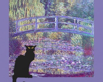 Monet Japanese Bridge and Le Chat Noir Fabric Square, Swatch, Famous Paintings, Cotton, Gift for Artist, Crafter, slow sewing, quilts, patch