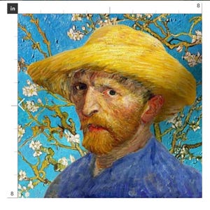 May include: A portrait painting featuring a person with a reddish-brown beard wearing a wide-brimmed yellow straw hat and a blue shirt. The background displays a bright blue sky filled with white almond blossoms on brown branches, 8 inches wide.