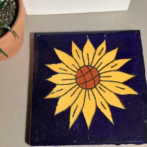 Handmade Talavera Coaster: Mexican Tile, Sunflower Decor