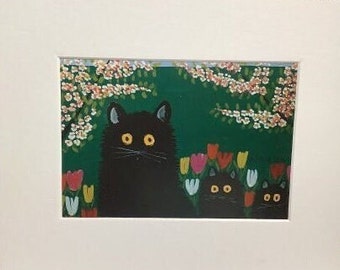 Maud Lewis Folk Art, Collectible, 3 Black Cats, One matted card from Folk Art Card (1), Artists, Cat Art