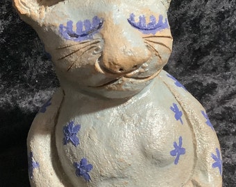 Light Blue Zen Cat Sculpture, Hand Built, Adorable Ceramic Figure, Crazy Cat Lady, Gift