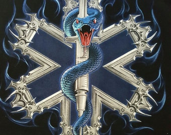 Awesome Paramedic Screened Black T-Shirt-Double sided-Star of life-3D Snake and Flames