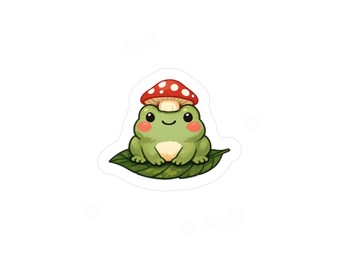 Frog with Mushroom Hat Sticker - Cottagecore Frog Decal - Cute Toad Vinyl Sticker Mushroom Vibes