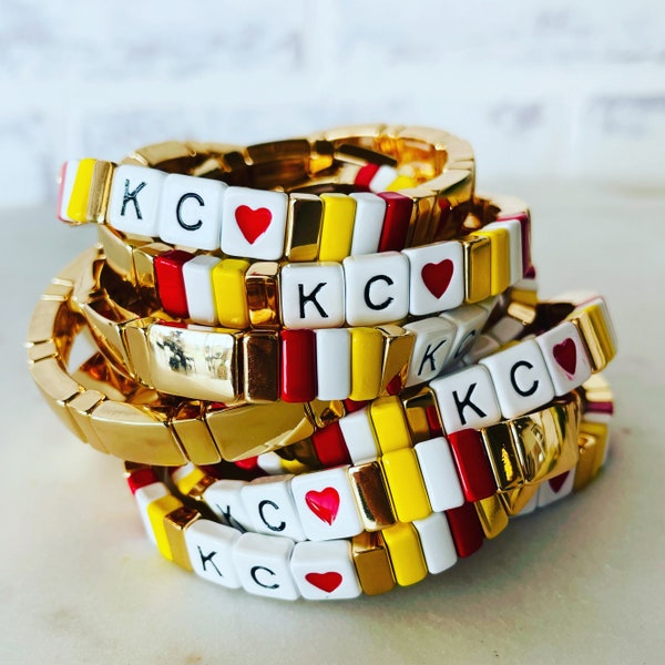 KC Tile Bracelet Kansas City Gift Gameday Stretch Bracelet Red Gold White Football KC Heart Bracelet