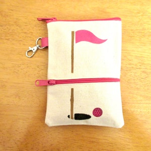 Clip 7x5 doublé pour dames sur accessoire de sac de golf, deux fermetures éclair, drapeau de golf et balle