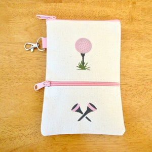 Ladies Handmade Lined  7x5 clip on golf bag accessory, two pink zippers, pastel pink golf ball, golf tees