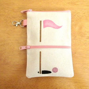 Ladies Handmade Lined  7x5 clip on golf bag accessory, two pink zippers, pink flag and golf ball