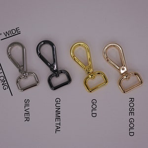 May include: Four metal swivel clasps in different finishes: silver, gunmetal, gold, and rose gold. Each clasp is 2.5 inches long and 1 inch wide.