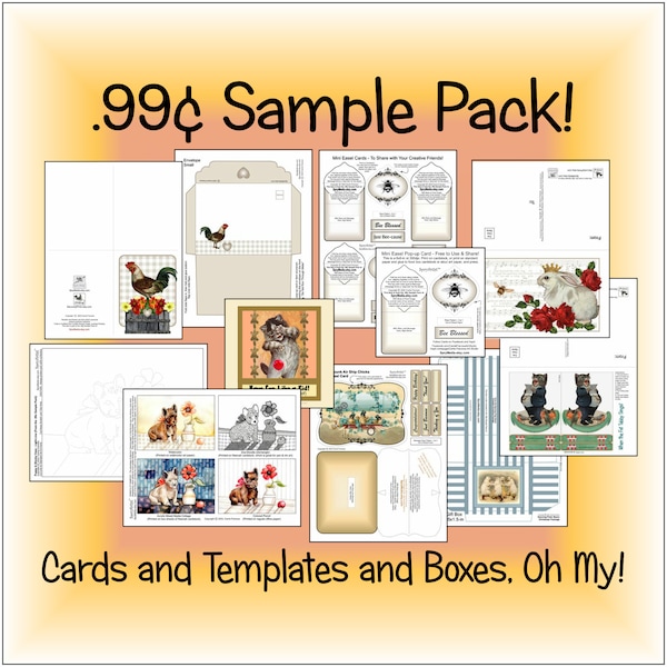 Spry Media .99-cent Sample Pack - PRINTABLE 4-Fold Card & Envelope, Pop-Up's, Postcards, Line Art Coloring Page for Adults w/Art Examples