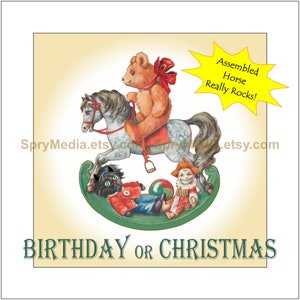 Moving Rocking Horse & Bear Package - PRINTABLE Birthday or Christmas Cards, Postcards, Pop-Up Card, Coloring Pages, Greeting Cards