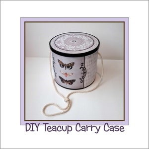 May include: A white and black teacup carry case with a butterfly design and a white rope handle. DIY Teacup Carry Case.