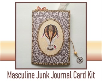 Masculine Junk Journal Folio Card Kit - PRINTABLE Vintage Style DIY Foldout Card Happy Birthday, Father&#39;s Day, Any Occasion Gift Card Holder