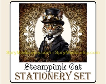 Steampunk Cat Stationery Set - PRINTABLE Box, Variety of Cards, Envelope, Postcard, Planner Calendars, Weekly Planner +++ Easy DIY