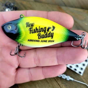 New Fishing Buddy Coming Soon, Baby Reveal Fishing Lure, Fishing Husband Baby Announcement Green & Yellow