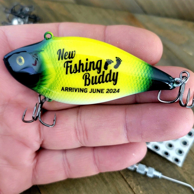 New Fishing Buddy Coming Soon, Baby Reveal Fishing Lure, Fishing Husband Baby Announcement Green & Yellow