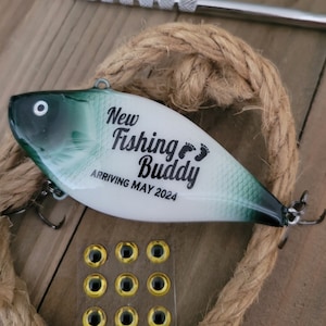 New Fishing Buddy Coming Soon, Baby Reveal Fishing Lure, Fishing Husband Baby Announcement Green & White