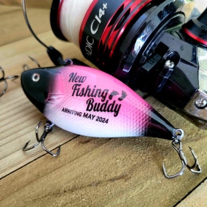 New Fishing Buddy Coming Soon, Baby Reveal Fishing Lure, Fishing Husband Baby Announcement Pink & Black