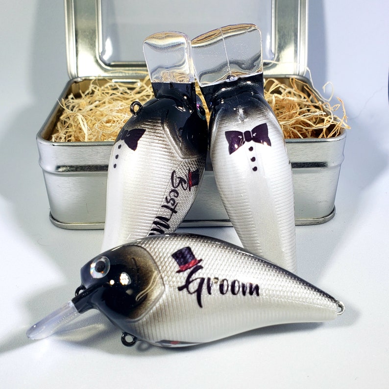 Fishing gifts from the Groom Custom fishing wedding themed bass lures Personalized Fishing Lures for a Best Man or Groomsmen Proposal