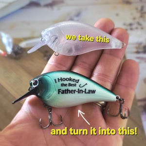 A hand holding a fishing lure with text on it, and another hand pointing to the same fishing lure, suggesting it can be turned into something else.