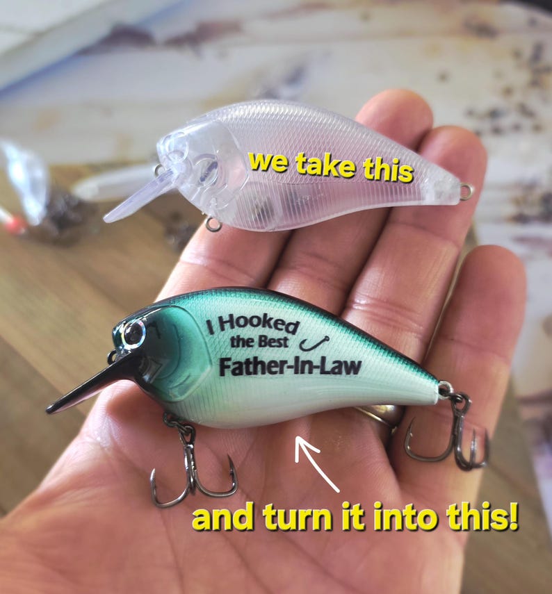 A hand holding a fishing lure with text on it, and another hand pointing to the same fishing lure, suggesting it can be turned into something else.