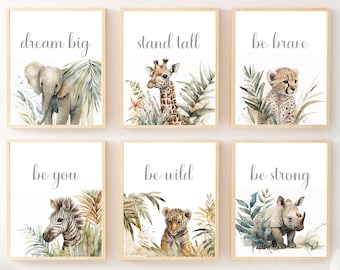 Set of 6 Printable Safari Animal Nursery Décor, Watercolor Animal Prints, Baby Animal Wall Art, Inspiring Kid Quotes, Gender Neutral Nursery