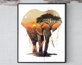 May include: A watercolor painting of an elephant with a sunset and a tree in the background. The elephant is walking towards the viewer and the sunset is behind it. The tree is in the upper right corner of the painting.