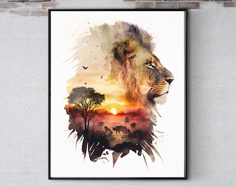 May include: A watercolor painting of a lion's head with a sunset and savanna landscape superimposed over it. The lion is facing right and has a mane of brown and gold fur. The sunset is a vibrant orange and red, and the savanna is a muted green and brown.