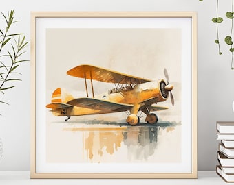 May include: A watercolor painting of a vintage yellow biplane with a brown propeller. The plane is flying over a body of water, and its reflection is visible in the water.