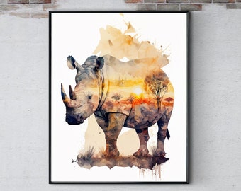 Majestic Rhino African Safari Art Print | Rhino Art Print | Safari Décor | African Wildlife Watercolor Wall Art