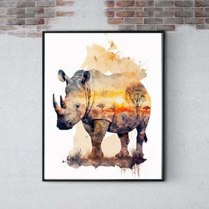 Majestueux rhinocéros africain Safari Art Print | Impression d’art rhinocéros | Décor Safari | Art mural aquarelle de la faune africaine