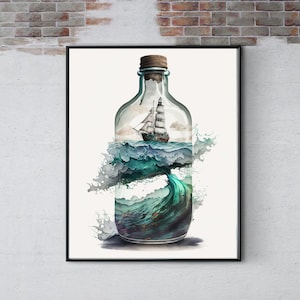 Ship in a Bottle Art Print, Nautical Wall Art, Stormy Waves Art, Sea Storm Print, Maritime Décor, Minimalist Home Décor