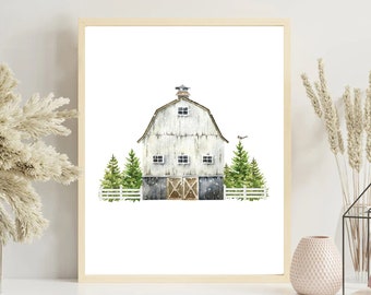 Winter Barn Printable, Holiday Wall Art, Snowy Farmhouse Christmas Print, Winter Wonderland Prints, Holiday Home Decor - INSTANT DOWNLOAD
