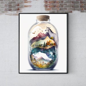 World in a Bottle Art Print, In a Bottle Watercolor Wall Art, Landscape Art, Nature Home Décor, The World Habitat Art, Earth Art