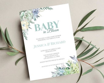 May include: Editable baby shower invitation template with a watercolor illustration of succulents in shades of green and blue. The text reads "Baby in Bloom" and includes the names Jessica and Richard, the date and time of the shower, the location, and RSVP information.