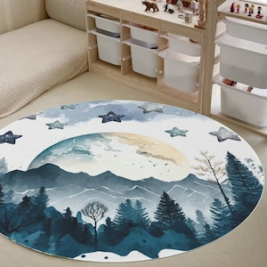 Mountain Nursery Decor, Starry Night Nursery Rug, Round Area Rug for Nursery or Kids Bedroom, Boy Nursery Decor, Baby Room Rug, Playroom Rug