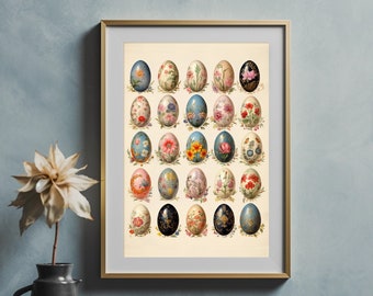 Vintage Victorian Illustration of Hand Painted Eggs, Set of 3 Easter Digital Prints, Spring Wall Art Print, Egg Oil Painting Home Decor