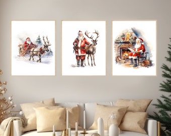 Santa Claus Christmas Wall Art Prints Set of 3, Cozy Christmas Home Décor, Xmas Reindeer Prints, Santa Sleigh Print, Farmhouse Christmas