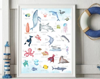 Oceaan dieren kwekerij print, onder de zee alfabet kunst aan de muur, nautische kwekerij decor, educatieve kunst aan de muur, ABCs poster voor de kinderkamer