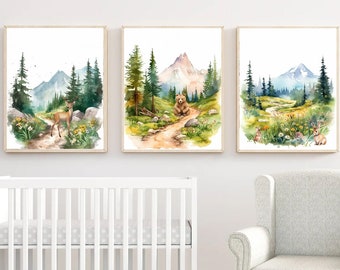Mountain Nursery Prints Set of 3, Woodland Nursery Decor, Forest Animal Print, Alpine Meadows Boy Nursery, Printable Nursery Wall Art