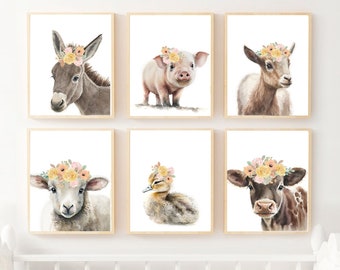 Set of 6 Farm Animals Nursery Prints, Baby Farm Animals Nursery Décor,  Boho Girl Nursery Wall Art, Cute Animals, Instant Printable Download