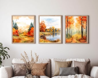 Fall Landscape Printable Set of 3 Photography, Autumn Forest Set of 3 ...